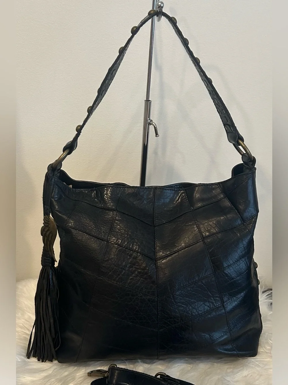 Angel By L. Martino Black Leather Shoulder Bag Crossbody Slouchy Hobo Purse